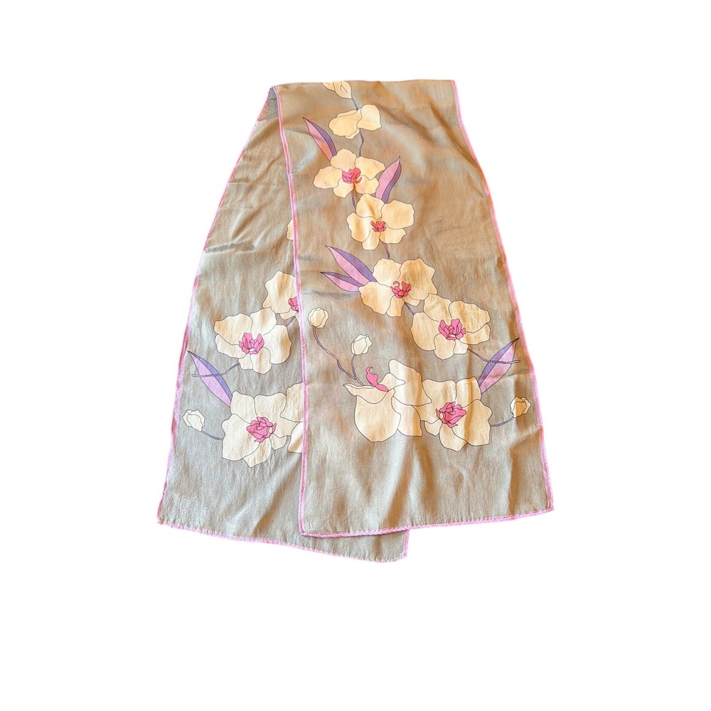 Sacha Scarf Grey Pink White Floral Orchid Rectangular Silk Hand Rolled Edge